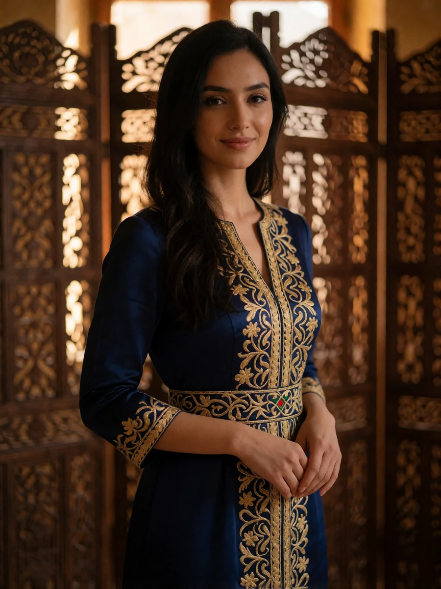 Elegant Tajik woman in a sapphire and gold embroidered dress standing in a warmly lit interior with carved wooden screens