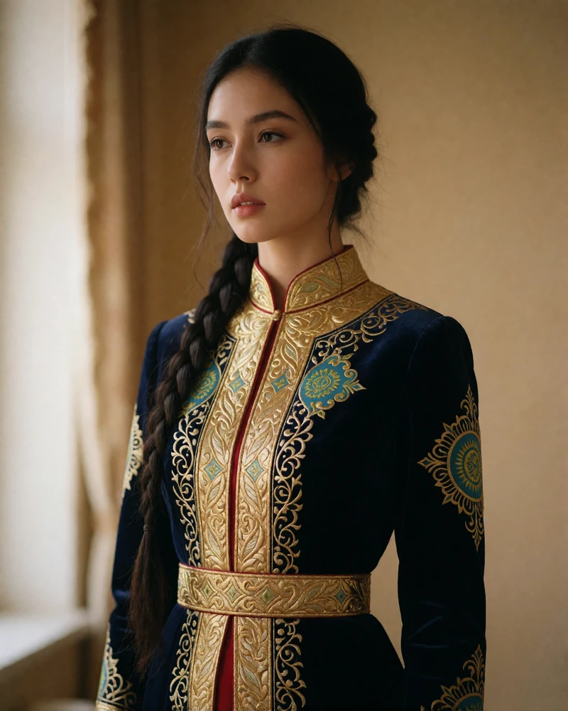 Kazakh woman wearing a modern gold and deep red embroidered dress with a long dark braid over one shoulder