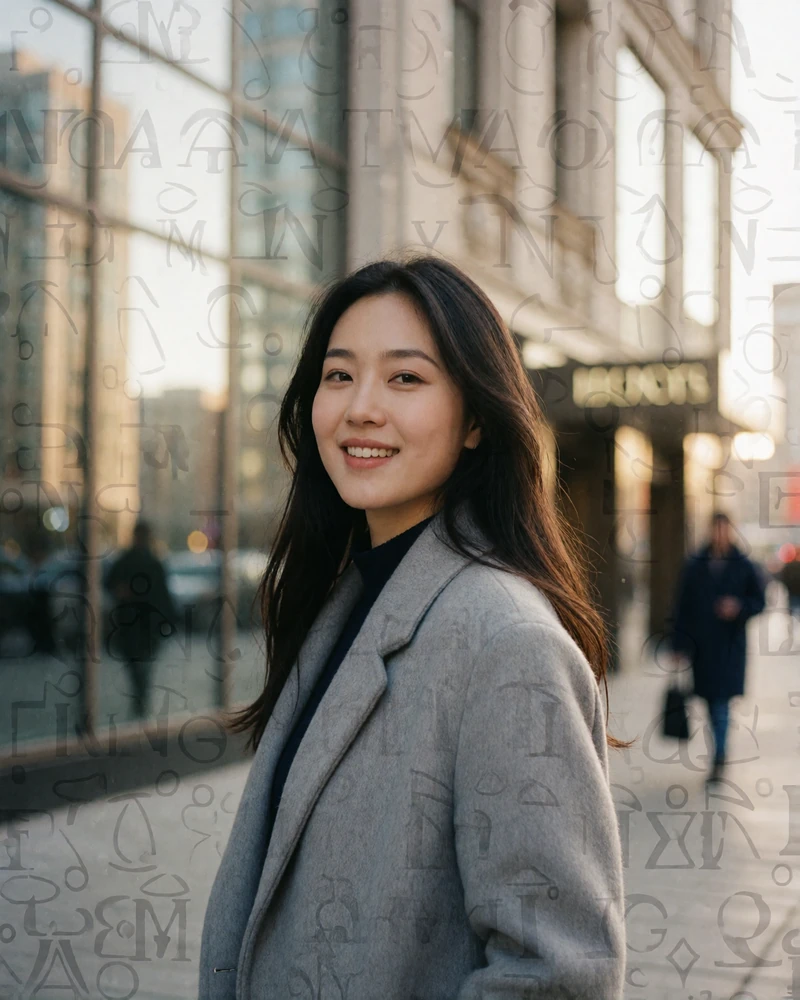 Smiling Mongolian woman in a soft grey wool coat on a modern city street with blurred glass facades