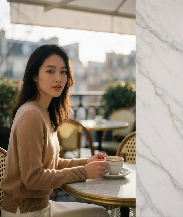 Graceful Vietnamese woman seated at a marble café table on a Parisian terrace