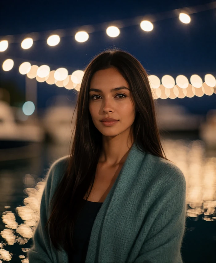 Maldivian woman with long straight dark hair standing at a quiet harbor at dusk with warm bokeh lights behind her