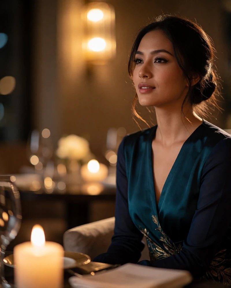 Poised Nepalese woman seated in an upscale lounge wearing a deep teal dress with subtle gold detail