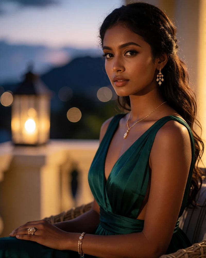 Poised Sri Lankan woman on an upscale hotel terrace at dusk wearing a deep emerald dress