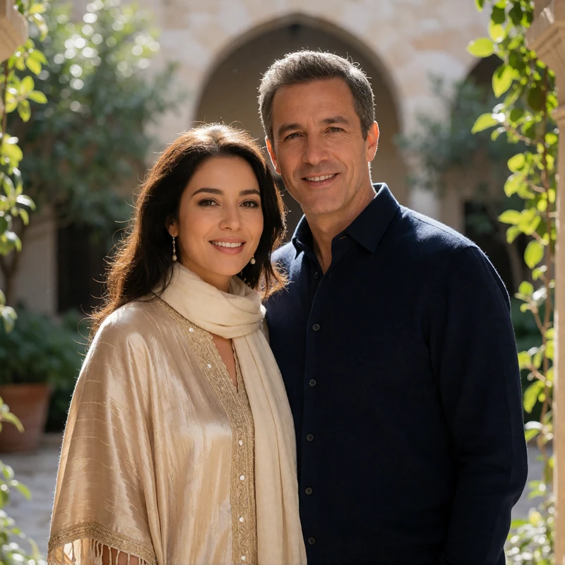 Afghan woman in a soft cream scarf and a Western man standing close together in a sunlit courtyard, smiling warmly