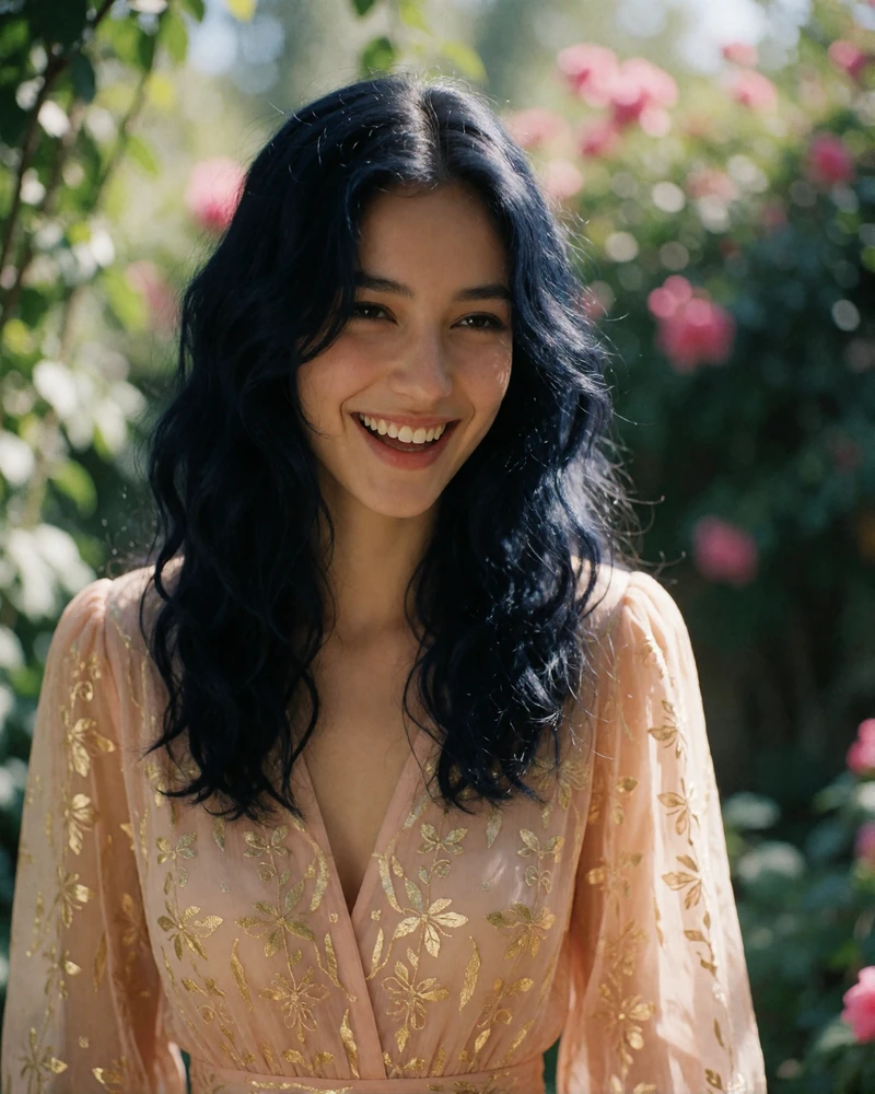 Turkmen woman laughing softly in a sunlit garden with blurred green and pink foliage behind her