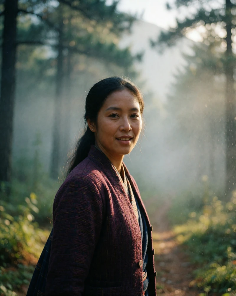 Bhutanese woman walking through a soft-lit pine forest path wearing a warm plum woven jacket