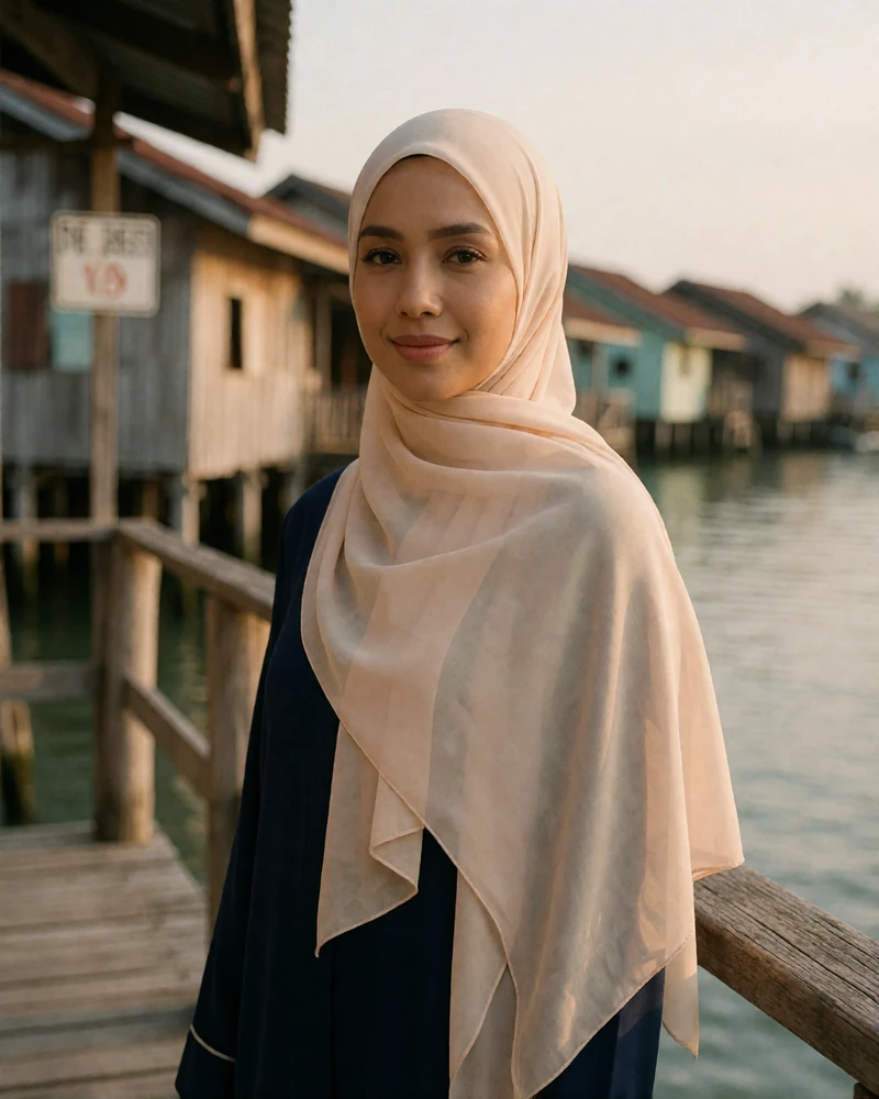 Bruneian woman in her late twenties with a soft peach scarf and modest elegant attire on a wooden riverside walkway