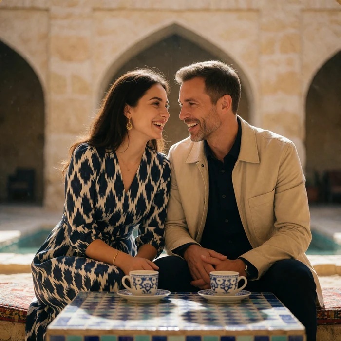 Uzbek woman in an ikat-patterned dress and a Western man laughing together over tea in a sunlit tiled courtyard