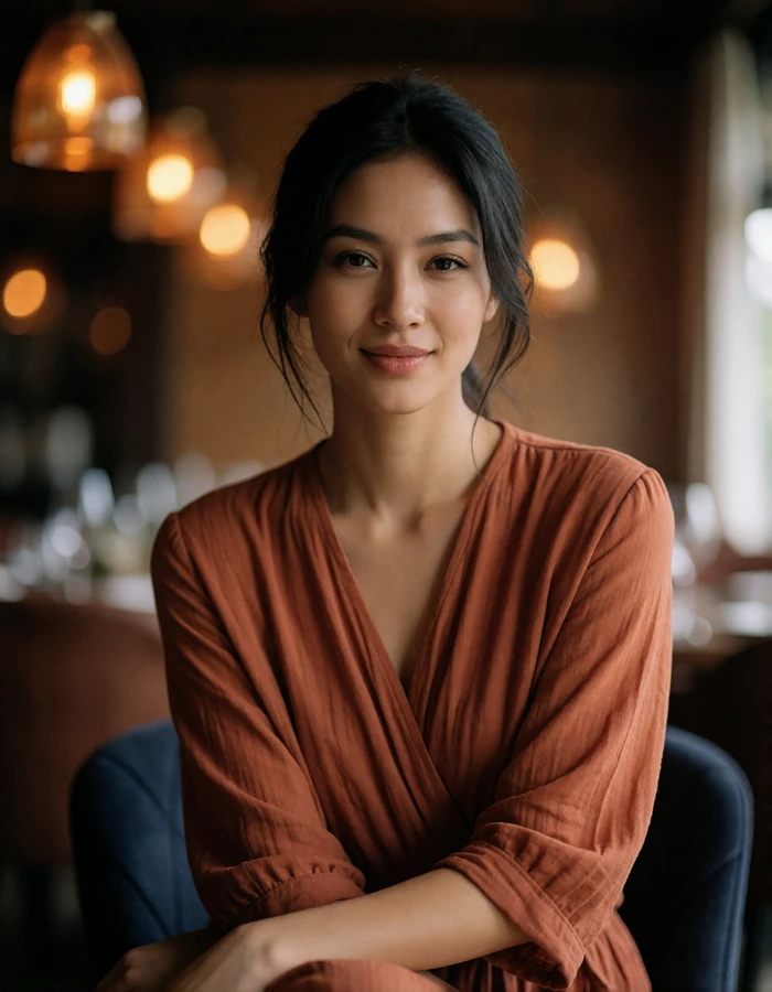 Thai woman in a terracotta wrap dress seated in a warmly lit fine dining room
