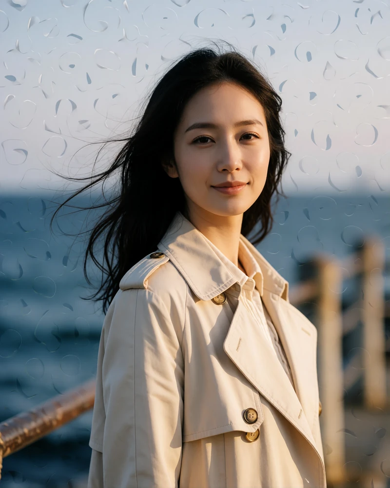 Japanese woman with windswept hair in a beige trench coat on a coastal promenade near Yokohama
