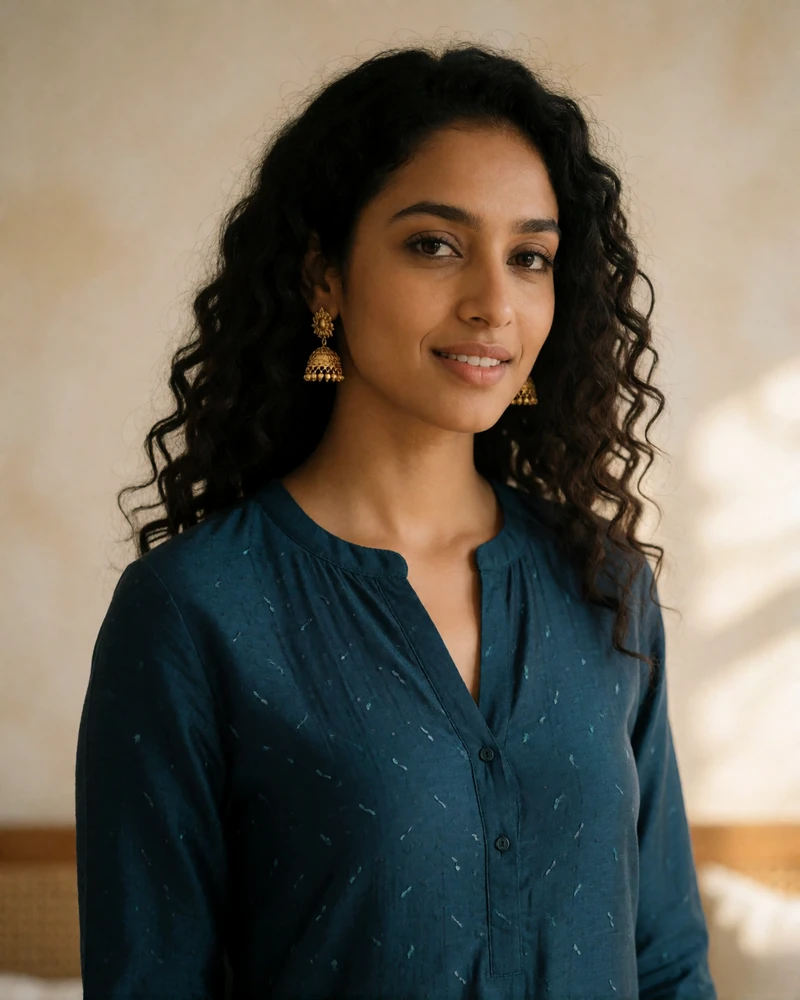 Indian Malaysian woman in a deep teal silk kurta with gold jhumka earrings smiling in a softly lit interior