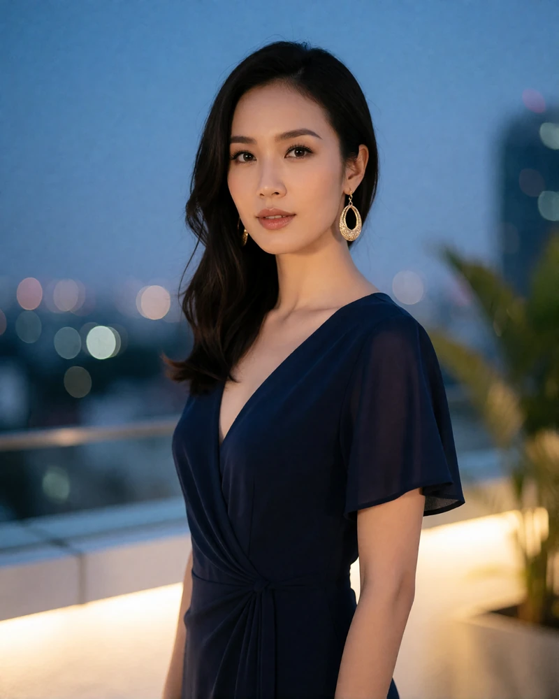 Elegant Vietnamese woman in a deep navy dress with gold earrings on a rooftop terrace at dusk