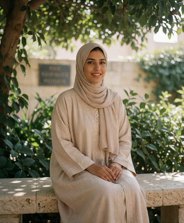 Yemeni woman in a soft beige abaya seated on a stone garden bench beneath dappled shade