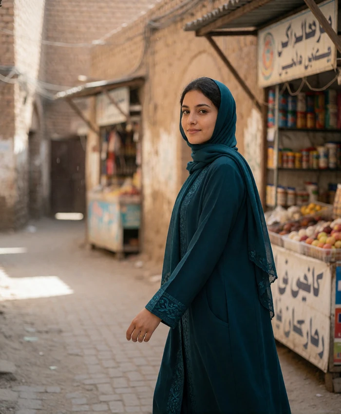 Yemeni woman in a deep teal abaya walking along a shaded old-town lane
