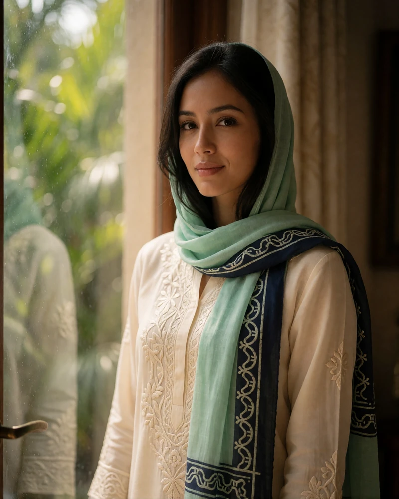Bruneian woman in her late twenties with a mint-green scarf and embroidered ivory tunic beside a window with tropical greenery