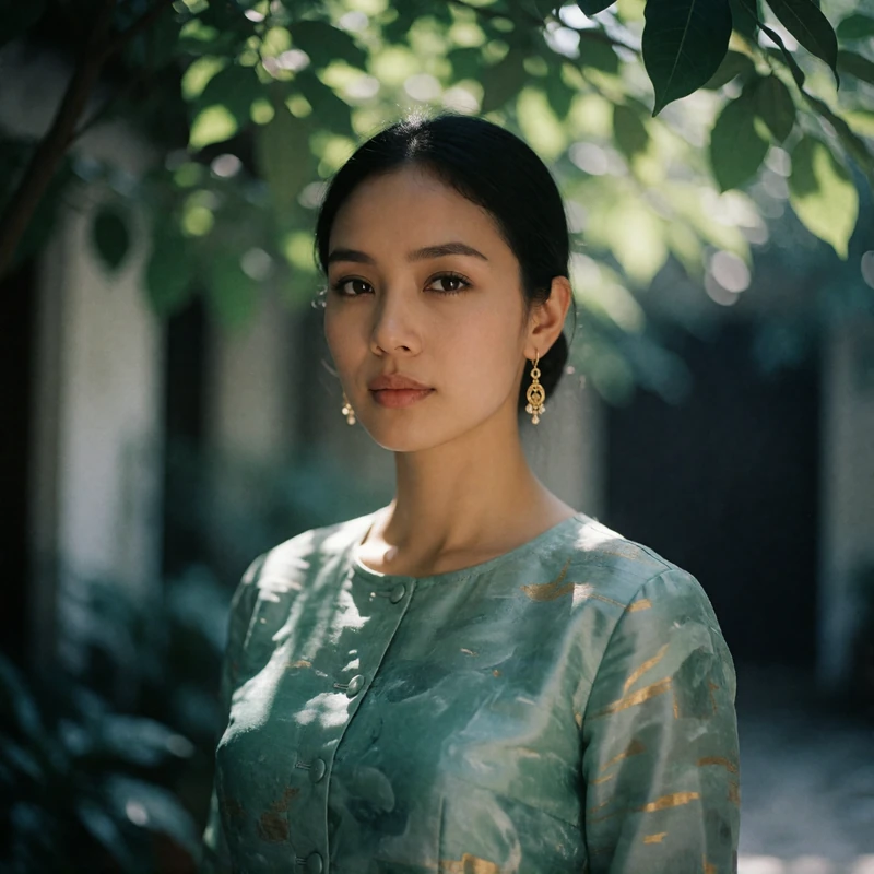 Burmese woman standing calmly in the dappled shade of a leafy courtyard