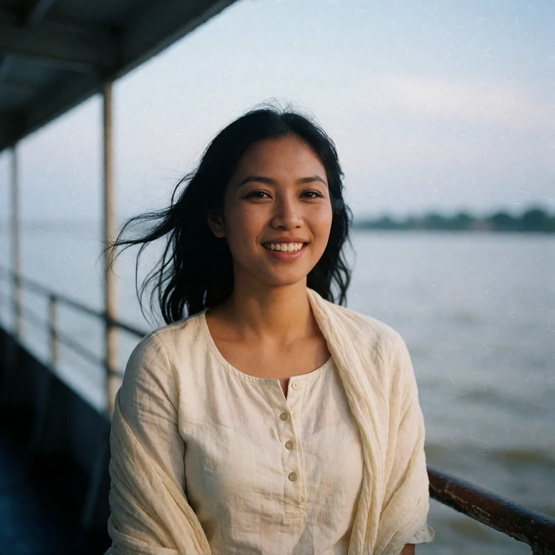 Burmese woman on a river ferry deck with her hair lifted by the breeze and a relaxed joyful expression