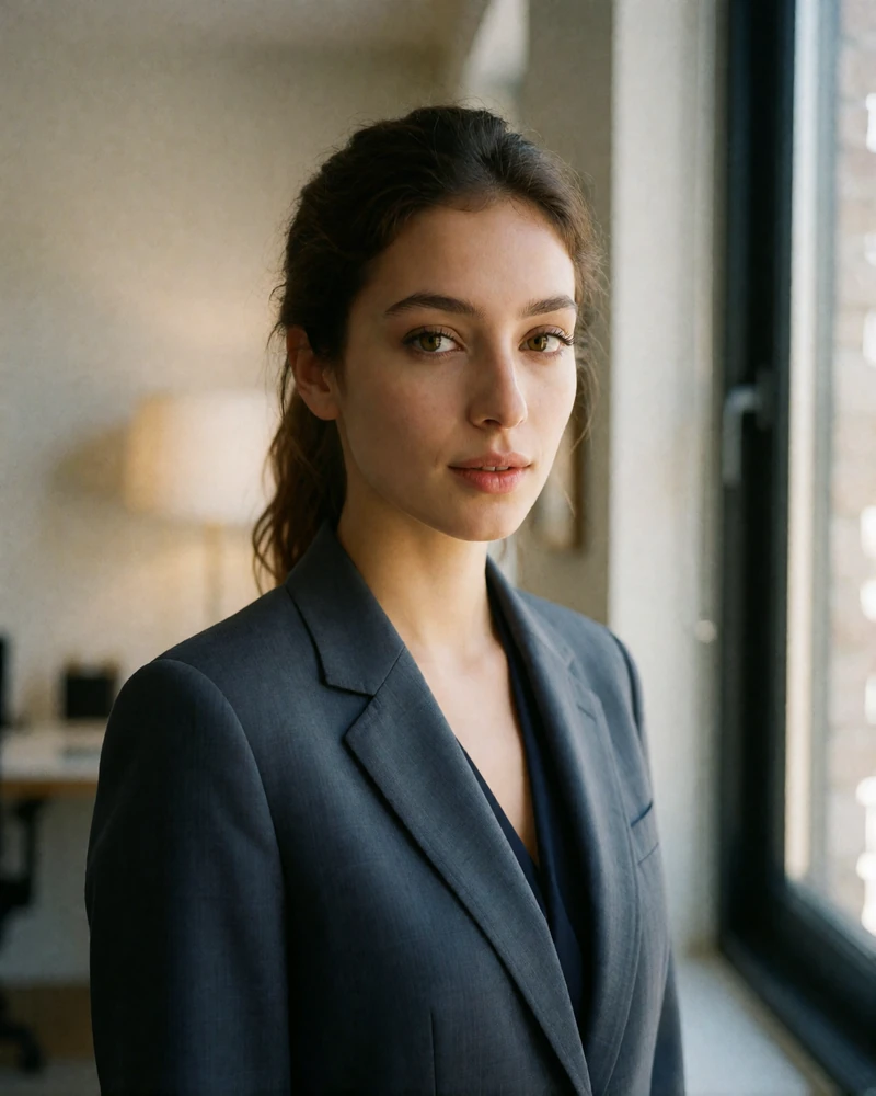 Tajik woman in a slate blazer standing beside a window in a quiet modern study space