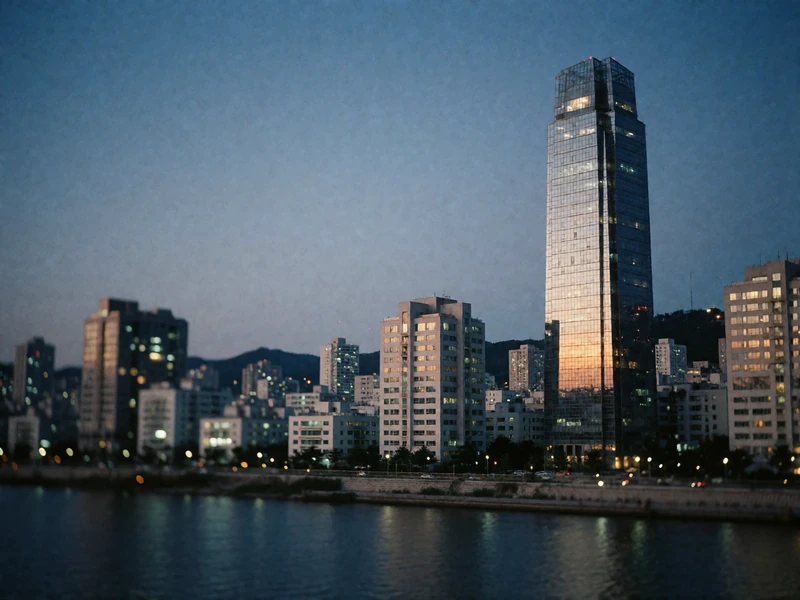 South Korean city skyline at dusk with a tall glass tower above the river