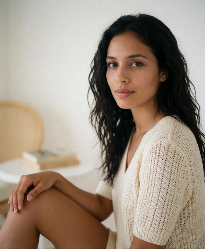 Maldivian woman in a cream knit top sitting in a bright minimalist interior with a calm intelligent expression