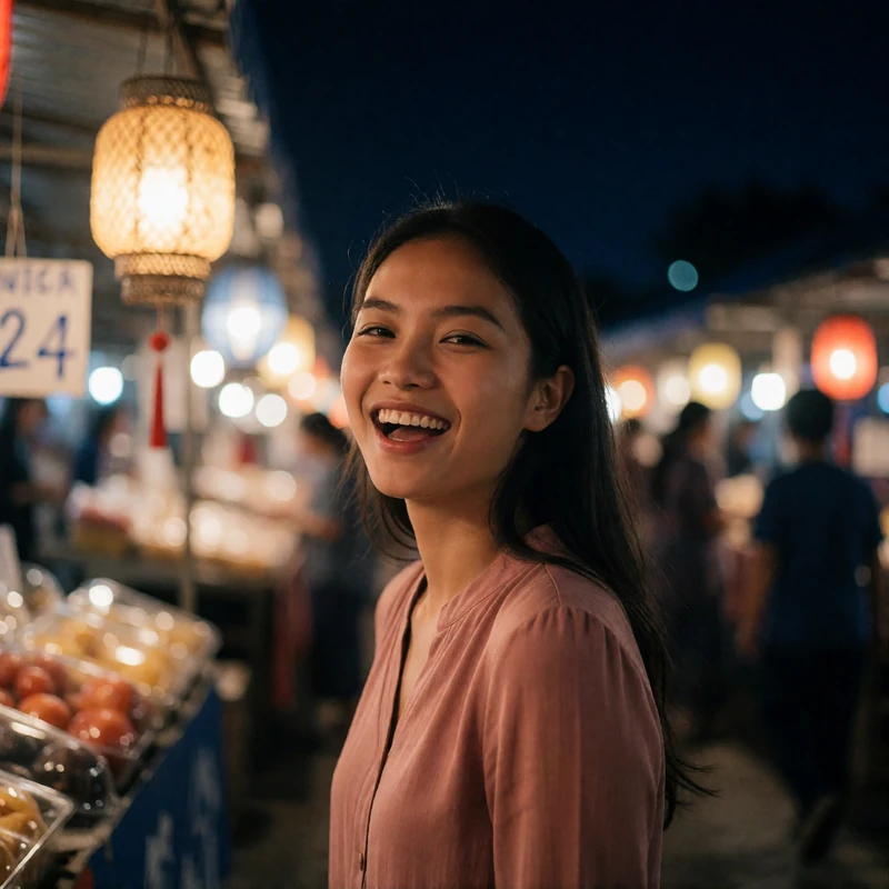 Laotian woman laughing spontaneously in a warmly lit night market lane