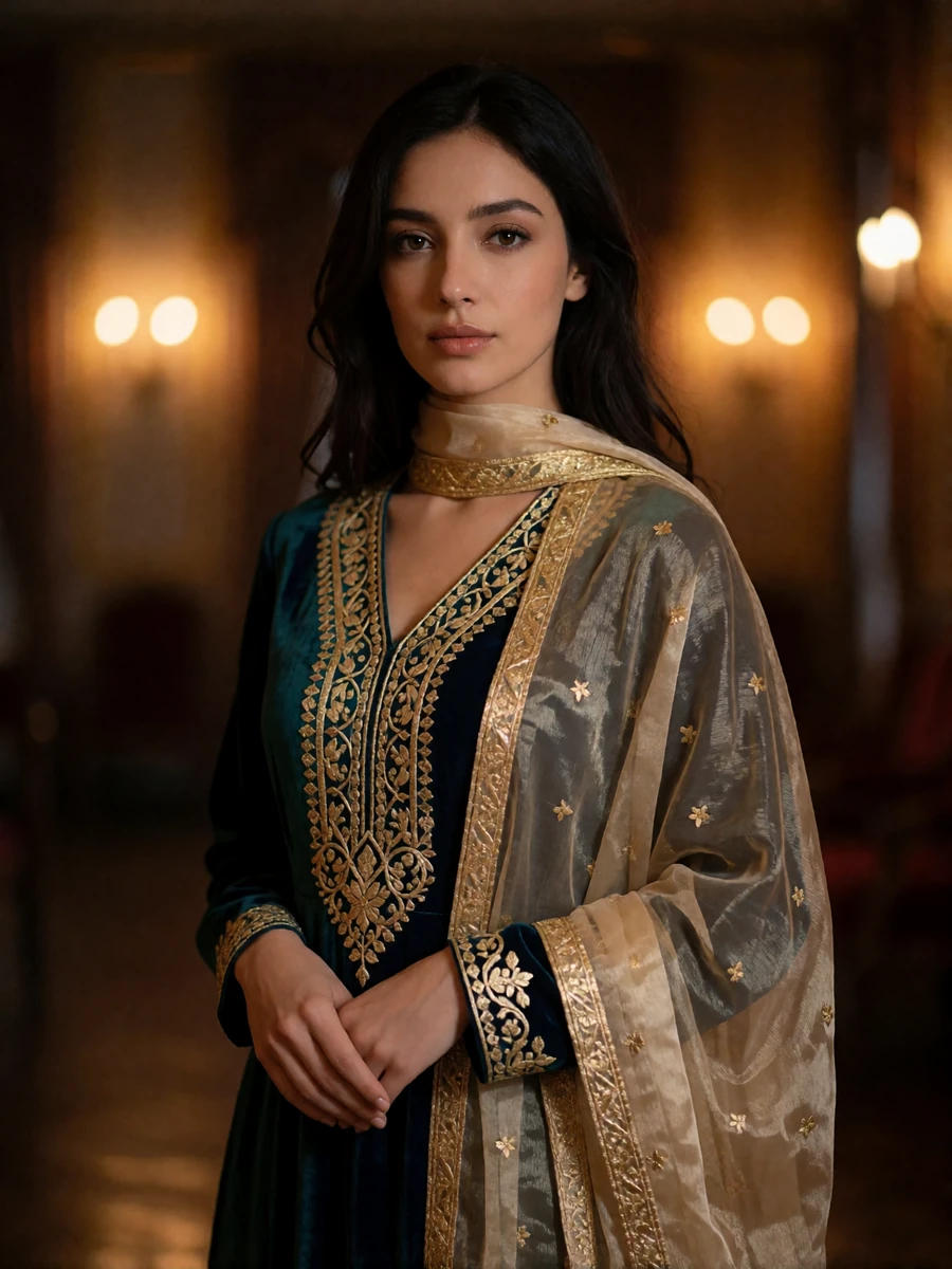 Poised Afghan woman in a deep emerald and gold embroidered dress standing in a warm dim interior with soft amber light