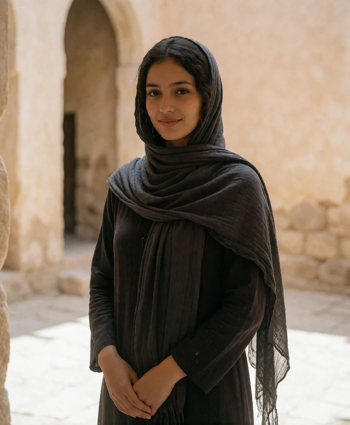 Young Yemeni woman in a charcoal headscarf standing in a sunlit stone courtyard