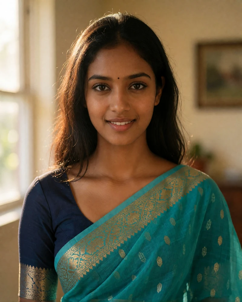 Young Sri Lankan woman with long dark hair wearing a turquoise saree with gold border, smiling gently