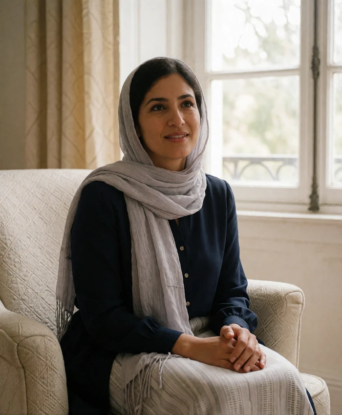 Thoughtful Yemeni woman in a light grey headscarf seated by a bright window
