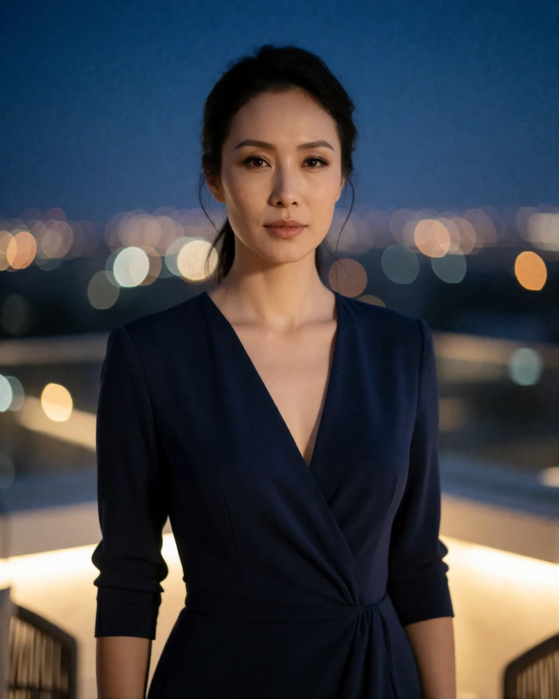 Confident Mongolian woman in a deep navy dress on an evening terrace with city lights behind her