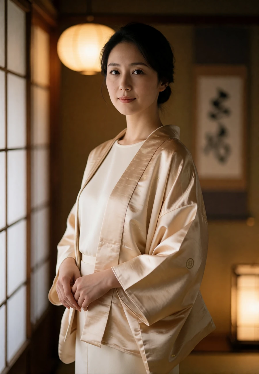 Refined Japanese woman in a champagne-toned kimono-inspired jacket standing in a warm traditional interior
