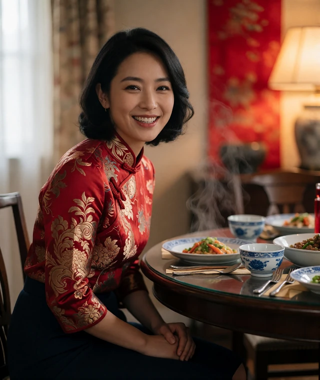 Smiling Chinese woman in a red brocade blouse seated at a festive Lunar New Year family dinner table