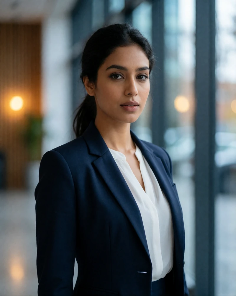 Poised Indian woman in a tailored navy blazer standing in a modern office lobby