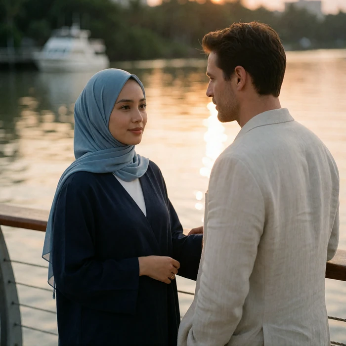 Bruneian woman in a soft blue headscarf and a Western man in a linen jacket standing together on a riverside boardwalk at sunset