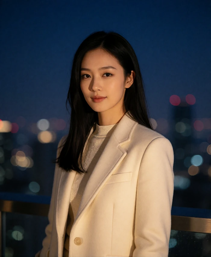 Young Chinese woman with long straight black hair standing on a high terrace at blue hour in an ivory coat