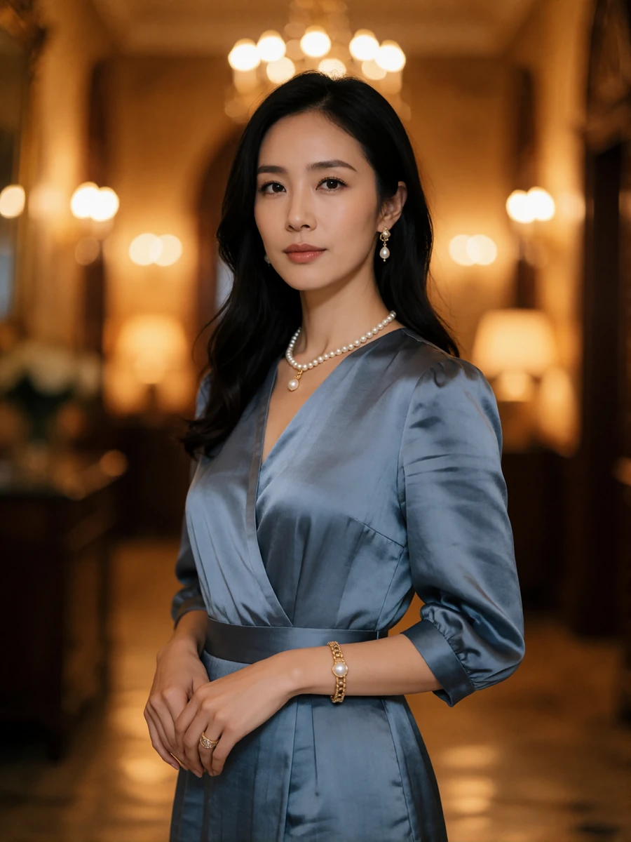 Graceful Taiwanese woman in a dusty-blue silk dress standing in a warmly lit interior with amber bokeh behind her
