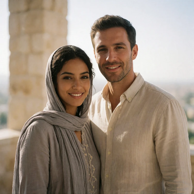 A Yemeni woman in a soft grey headscarf and a Western man stand together on a sunlit terrace, smiling warmly