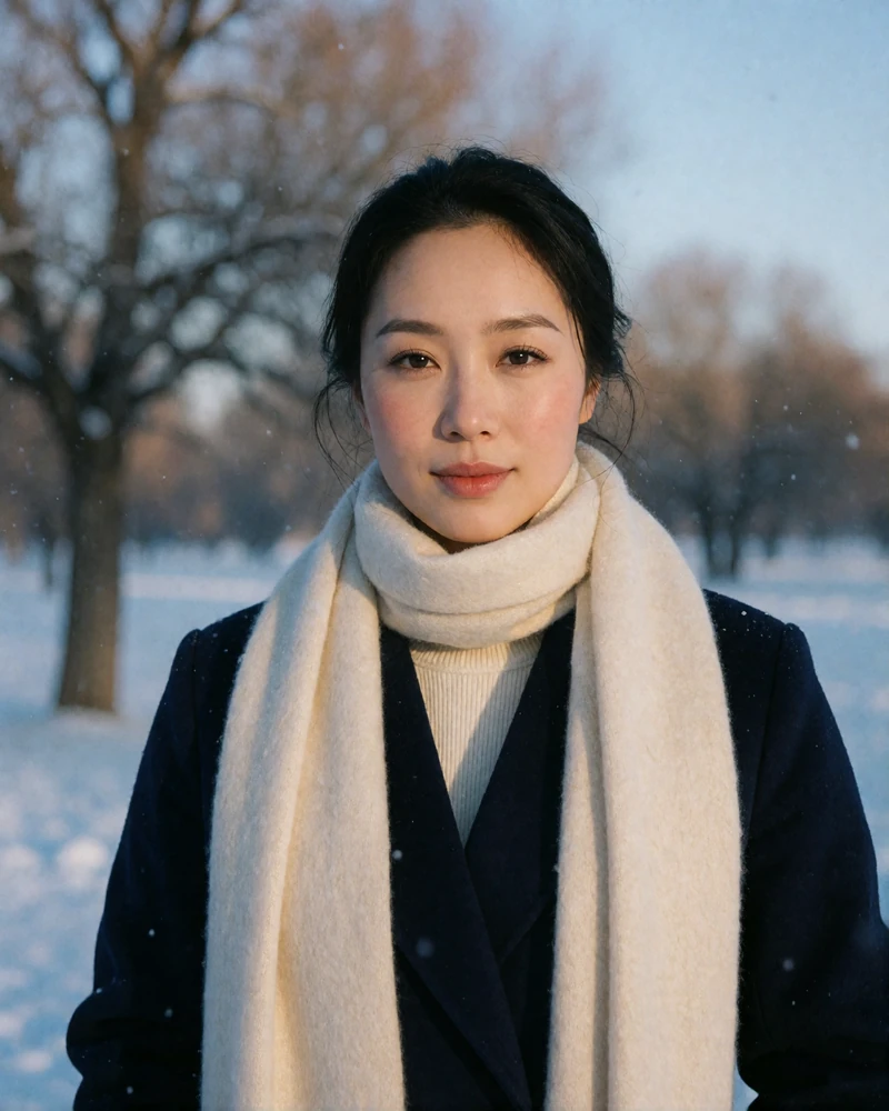 Mongolian woman in a cream cashmere scarf and dark coat outdoors in soft winter light