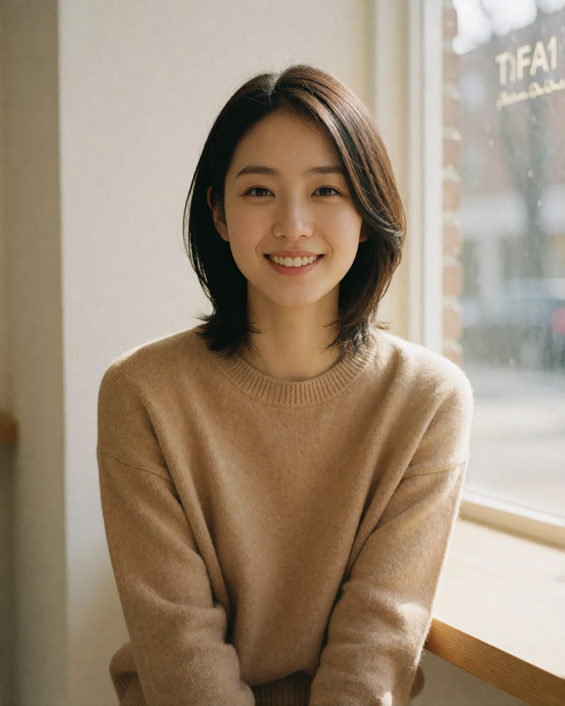 Smiling Japanese woman in her late twenties with a neat bob, seated by the window of an upscale coffee house in Tokyo