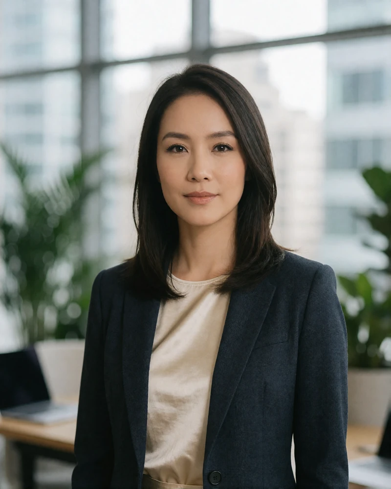Professional Vietnamese woman in a charcoal blazer over an ivory top in a bright modern workspace