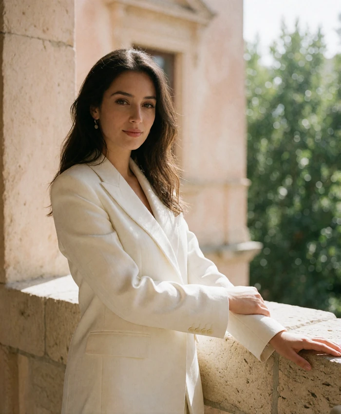 Elegant Armenian woman in a tailored ivory blazer standing on a sunlit stone terrace