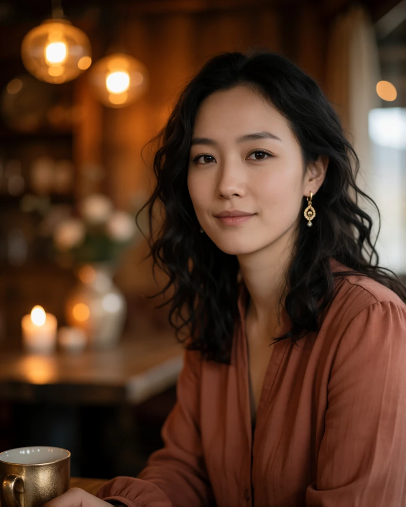 Mongolian woman with wavy dark hair and gold earrings seated in a warm wood-lined tea house