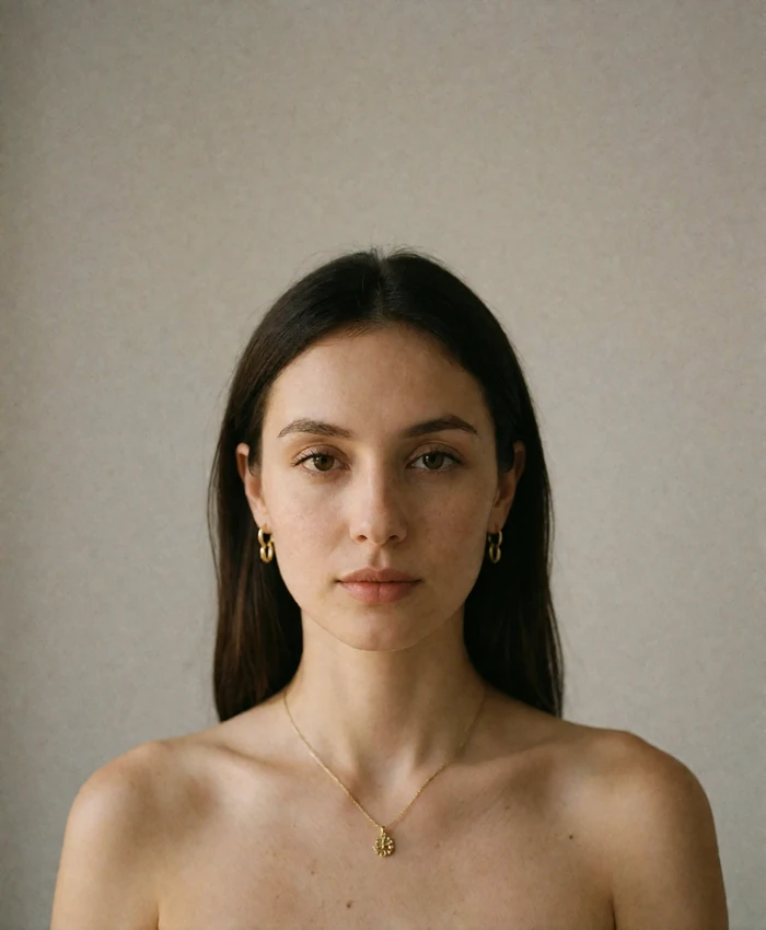 Composed Armenian woman with straight dark hair photographed against a warm-grey studio backdrop