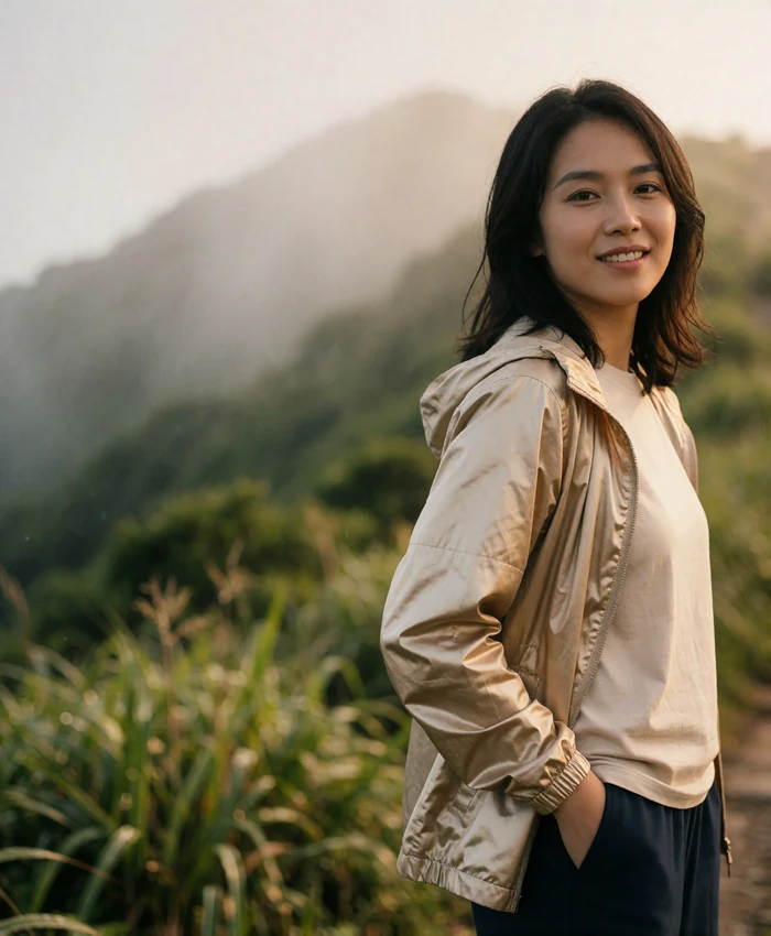 Taiwanese woman standing on a misty green mountain trail with a relaxed smile turned three-quarter to camera