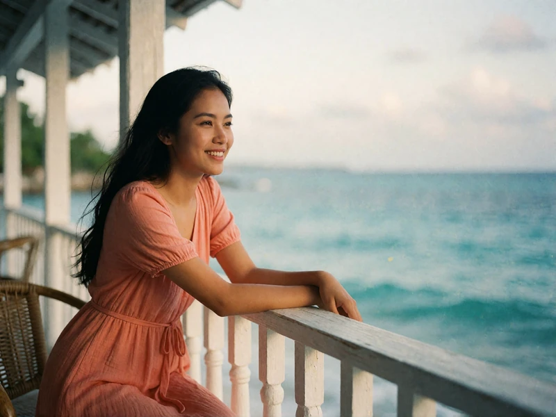 Filipina woman in a coral dress leaning on the railing of a breezy coastal veranda overlooking the sea