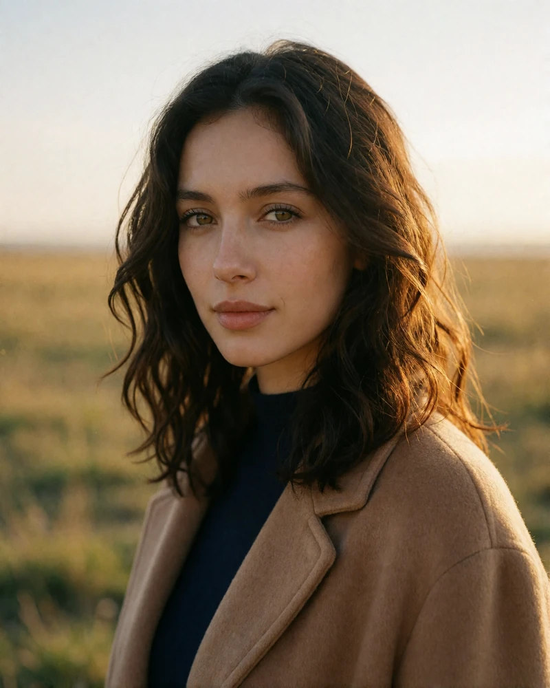 Kazakh woman with wavy dark brown hair standing outdoors at golden hour against an open grassland horizon