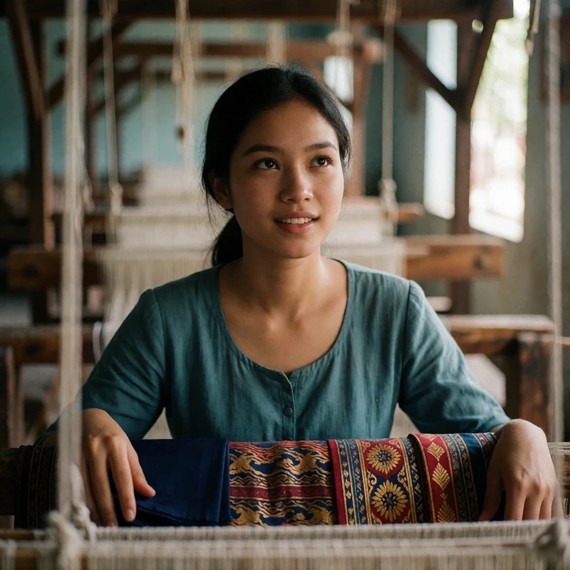 Young Cambodian woman glancing up with a soft smile inside a bright artisan silk workshop
