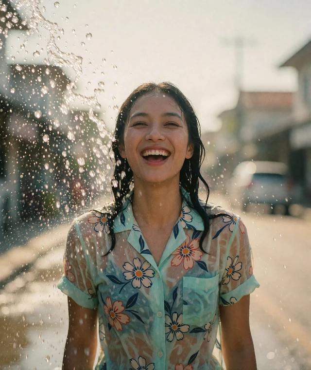 Thai woman laughing in a sunlit street with suspended water droplets during the Songkran water festival