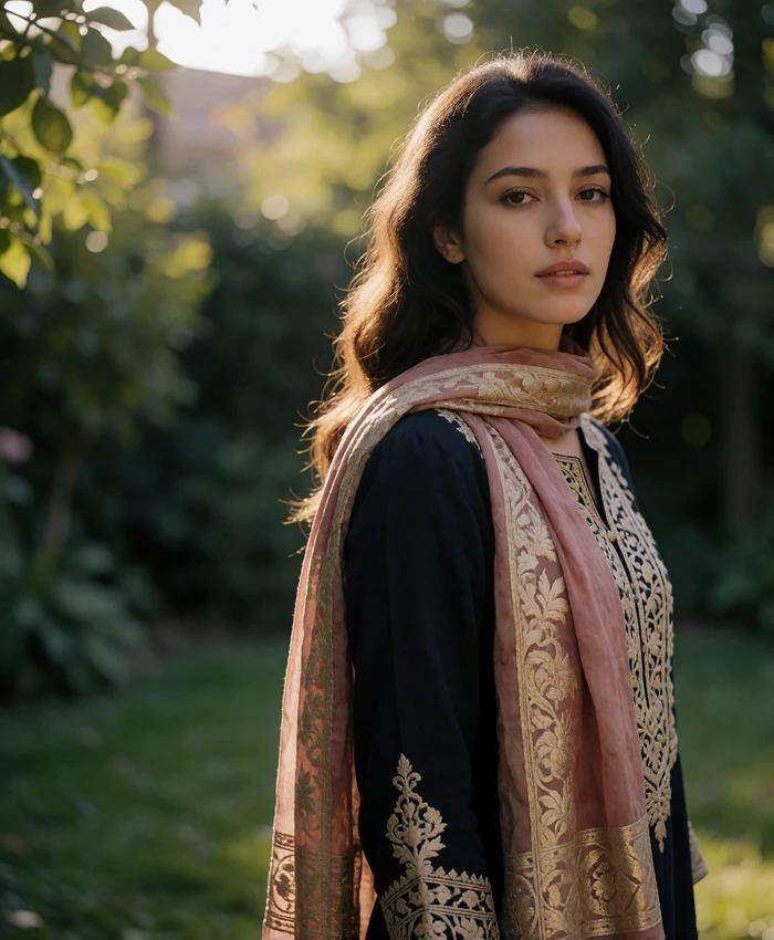 Afghan woman in a dusty-rose scarf standing in a quiet garden with soft late-afternoon backlight