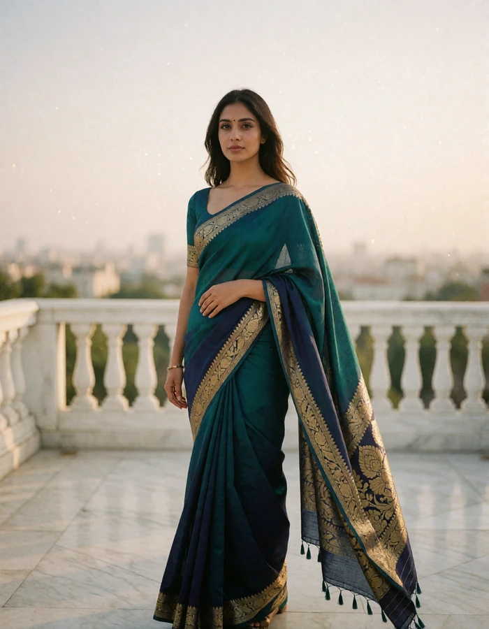 Indian woman in a deep teal saree with gold border standing on a marble terrace at golden hour